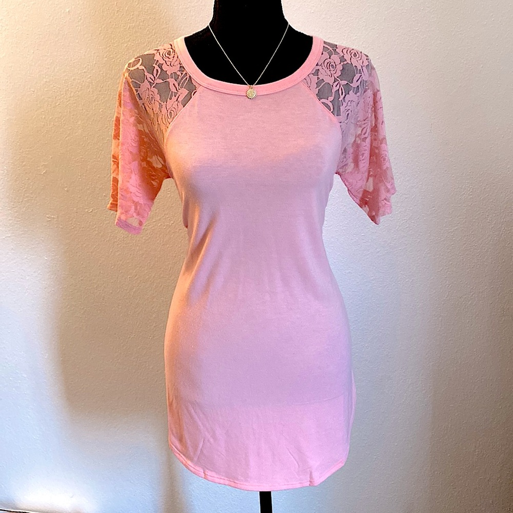 Zenana Pink Short Sleeve Shirt With Rose Lace Sleeves - Picture 3 of 16